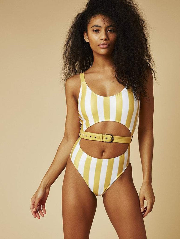 Skinnydip London | Swim Society Mustard Dubai Stripe Swimsuit - Model Image 1
