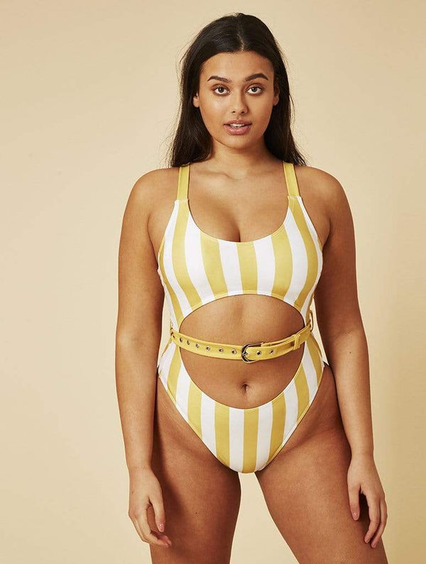 Skinnydip London | Swim Society Mustard Dubai Stripe Swimsuit - Model Image 5