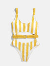 Skinnydip London | Swim Society Mustard Dubai Stripe Swimsuit - Front Flat Lay