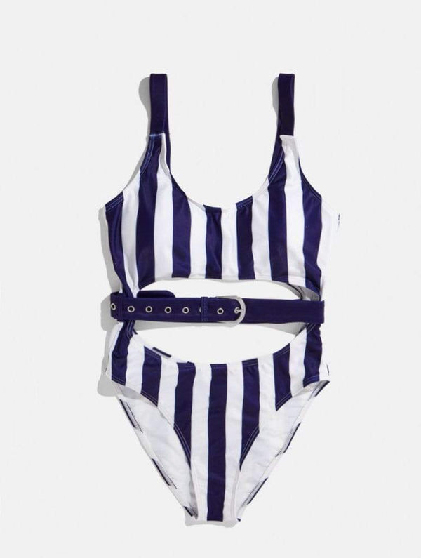 Skinnydip London | Swim Society Navy Dubai Stripe Swimsuit - Front Flat Lay